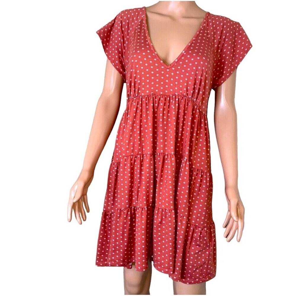 Urban Outfitteres tiered dress rust orange floral print V-neck above knee SZ LG - Picture 2 of 12